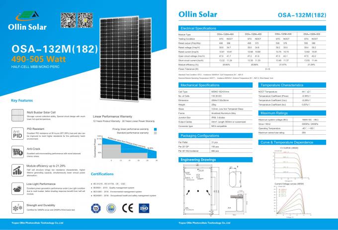 Панель солнечных батарей 490W 495W 500W Perc 9bb PV черного дома рамки Mono фотовольтайческая 2